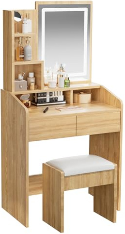 Coiffeuse avec miroir et lumières réglables, 60 cm de large avec tabouret