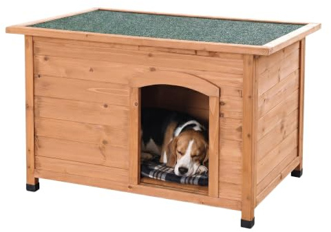 Relaxdays Hundehütte, Holz, HxBxT: 58,5 x 85 x 53 cm, wetterfestes, klappbares Dach, Outdoor Hundevilla, orange/grün