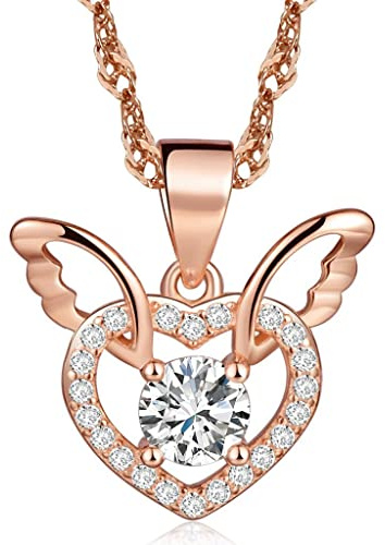 Unendlich U Fashion Damen Herz Halskette Charme 925 Sterling Silber Ketten Engel Flügel Herz Zirkonia Anhänger Kettenanhänger, Rosegold