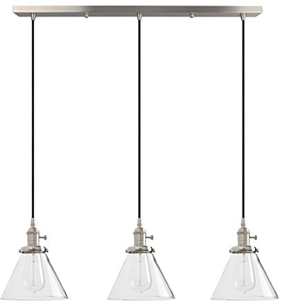 PathsOn Industrial Vintage Loft Kitchen Bar 3 Lights Fittings Ceiling Lights Chandelier Cone Clear Glass Light Shade Hanging Pendant Light Lamp Fixture for Living Room Dining Room Bedroom(Brushed)