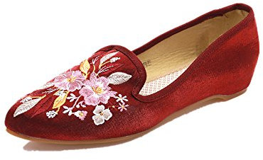 Tianrui Crown Women and Ladies Embroidery The Flower Tree Slip-on Loafers Flat Shoe Red