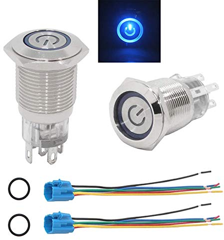 GTIWUNG 2Pcs 16 mm Druckknopfschalter mit Drahtsockelstecker, LED Beleuchtet Drucktaster, Metall Druckschalter Druckknopf, 12V Selbsthaltender Schalter, LED-Taster Ein-Ausschalter für Auto KFZ Blau
