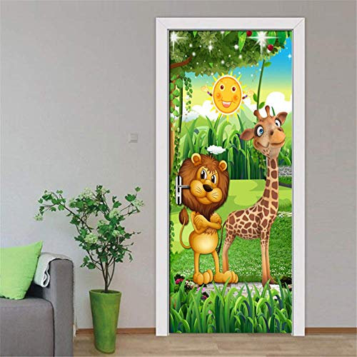 XIANGPEIMENTIE 3D Wald Cartoon Tier Lion Giraffe Kinderzimmer Kinderzimmer Schlafzimmer Tür Dekoration Aufkleber Wandbild Tapete Selbstklebende Poster Szene 77 * 200 cm