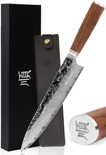 YOUSUNLONG Cuchillo de chef de Damasco Pro Gyuto de 10 pulgadas, cuchillos de cocina japoneses martillados de acero de Damasco con mango de madera de nogal natural con funda de cuero