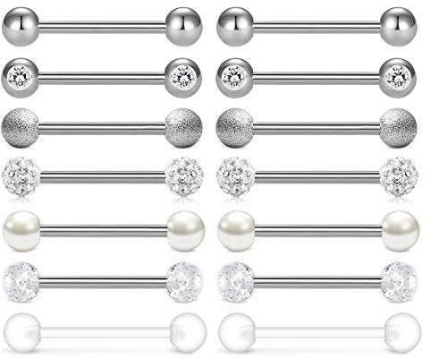 AceFun 7 Paar Chirurgenstahl Brustwarzenpiercing Zungenpiercing Set 1.6mm Zunge Brustwarze Barbell Schmuck Silber 16mm