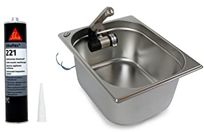 Edelstahl Spülbecken Camping Spüle Waschbecken + Ablauf 325x265x150 mm Barwig 12V Wasserhahn integriert + 1x 300 ml Montagekleber (ad-ideen)
