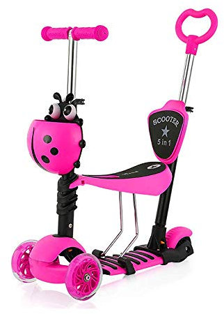 YOLEO Monopattino per Bambini 5-in-1, Monopattino 3 Ruote Lampeggianti in LED, Kids Scooter, Con Sedile Estraibile/Monopattino Bambini 2 a 8 Anni, Carico Massimo 50 Kg (5-in-1 Rosa)