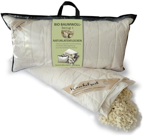 Meivita Höhenverstellbares Naturlatex-Flocken Nackenstützkissen in 40x80 cm mit separatem Innen-Kissen und unterstepptem KBA Bezug aus 100% Baumwolle - Made in Germany