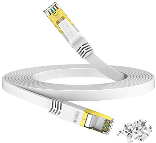 HiiPeak Câble Ethernet Cat 8 25m – Ultra-Rapide 40 Gbps | 2000 MHz – RJ45 Plaqué Or, Cable internet Plat Blanc – Pour PS5/4, Xbox, TV, Routeur, PC, Serveur