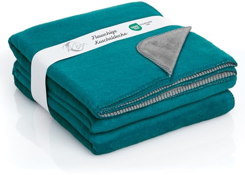 Moon Doubleface Kuscheldecke, Wohndecke aus Baumwollmischung - ca. 220x240 cm mit geketteltem Rand (Petrol/anthrazit)