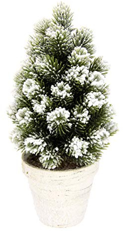 Flair Flower - Mini Albero di Natale Artificiale con Neve in Vaso in Ceramica innevata, Albero di Natale, Decorazione Natalizia Piccola, 13 x 13 x 27 cm, Colore: Verde/Bianco