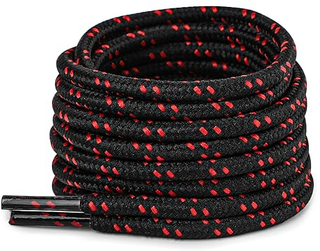 TIESTRA Runda stövlar snören, robusta och hållbara skosnören för stövlar, säkerhetsskor och vandringsskor - polyester, 75–150 cm, 19 färger, Svart, röd, 150cm-59pulgada
