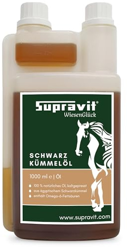 Supravit Schwarzkümmelöl für Pferd & Hund 1L | – 100% Naturreines Schwarzkümmelöl Kaltgepresst | Ergänzungsfutter | Nigella Sativa Öl Futterzusatz | Dosierflasche
