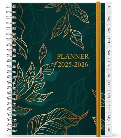 2025-2026 Diary, July 2025 - June 2026, A5 Weekly Planner with 12 Monthly Tabs, Back Pocket, Planner 2025-2026 with Elastic Closure, Flexible Cover, 14.8×21cm, Green