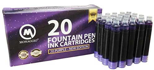 MONAGGIO Vivid Purple Ink Cartridges for Fountain Pens. Amazing Big Pack of 20 Short International Standard Size Cartridges. Perfect for Calligraphy Pens. Universal Design with Incredible Color