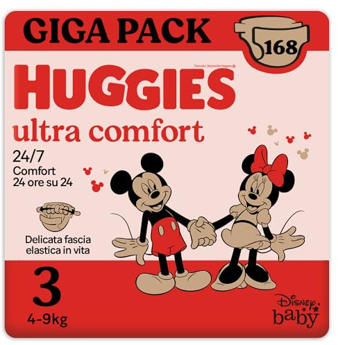Huggies Ultra Comfort/Little Movers Pañales talla 3 (4-9 kg), ultra absorbente, protección completa, 168 unidades