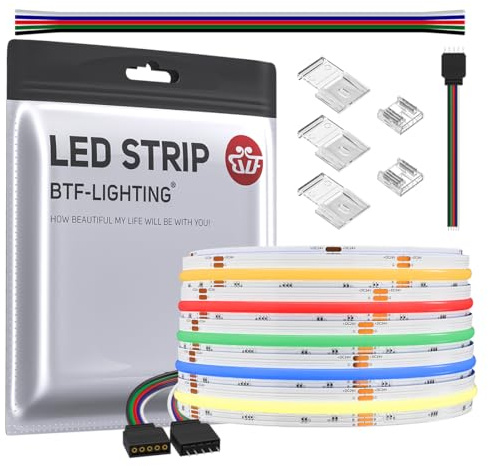 BTF-LIGHTING FCOB COB RGBWW(2700K) Flexibel LED Streifen 5M 896LED/M 24V | Hohe Dichte, Mehrfarbig, IP30 Nicht Wasserdicht, Weiße PCB, für DIY Heimdekoration(Nicht inhalt Netzteil＆Controller)