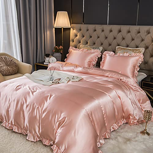 Luxury Silky Bedding Duvet Cover Sets Satin Ruffle Printed Shabby Chic Farmhouse Bedding Queen 1 Duvet Cover 2 Pillow Shams (Queen, Pink)