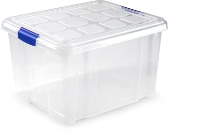 ForenTex Caja Almacenaje Plástico 25L con Tapa y Cierres (N2) – Transparente, Apilable, para Zapatos, Libros, Juguetes y Utensilios de Cocina