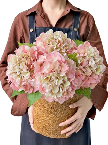 JINWOE 4PCS Lifelike Real Touch Artificial Hydrangeas, 21 Pink Hydrangea Artificial Flowers for Decoration, Faux Vintage Silk Fake Flowers for Bouquet Wedding Centerpieces Tables Party Outdoor Home