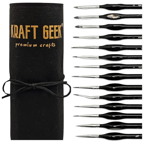KRAFT GEEK 15 Fine Detail Paint Brush Set with Portable Case - Ideal for Miniatures, Models, Art, Acrylic, Nail, Watercolour, Oil, and Warhammer 50k