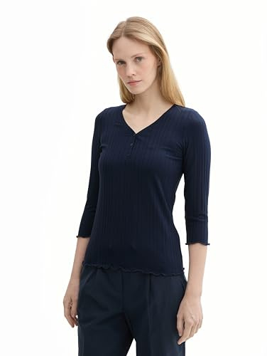TOM TAILOR Damen Basic Henley-Shirt mit RIPP,10668 - Sky Captain Blue, L