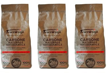 FEUERDESIGN - 3 Sacchi di Carbone naturale da 2 Kg Antiche Carbonaie, da 100% legno di leccio italiano prodotto artigianalmente a cottura lenta nella carbonaia secondo l'antica tradizione Fenicia.