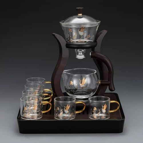 YoeEoay Lazy Kungfu Glasteeservice Teekanne Goldenes Muster Des Rotkronenkranichs Holzglas-Teekannen-Set Mit Drehbarer Abdeckung Semi Automatic Tea Set Mit Magnet Tee Services Set Teeservice Vintage(C