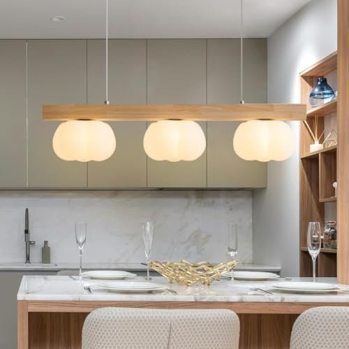 COOYO Moderner Holzkronleuchter Linear LED Pendelleuchte Eiche Lange Pendelleuchte Weiß Dekorativer Acrylschirm Höhenverstellbar Für Wohnzimmer Esszimmer Küche Schlafzimmer Arbeitszimmer(3 heads)