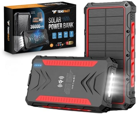 Tensfact® Batterie externe solaire 36000 mAh Chargeur sans fil - Batterie externe solaire - USB & USB-C - Rouge