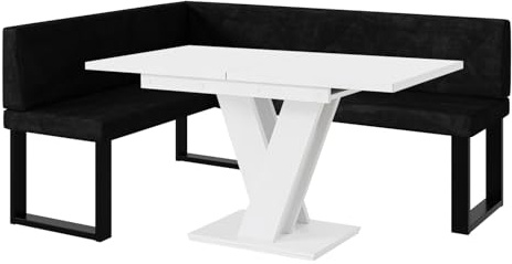 MEBLINI Eckbank für Esszimmer mit ausziehbarem Tisch - Küchenbank - Essecke - Sitzecke Küche - ERIC - U-Beine 128x168x87cm Links - Graphit Samt/M Weiß Matt