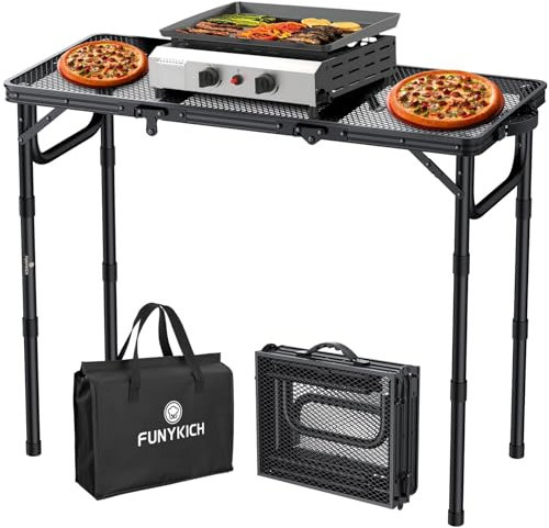 FUNYKICH Tavolo da Campeggio Pieghevole 87x40 cm,Tavolo da Barbecue Portatile per Esterni con 3 Altezze Regolabili (26/48/70 cm) e Maniglia di Trasporto, Piano in Rete,per Campeggio, Giardino,Nero