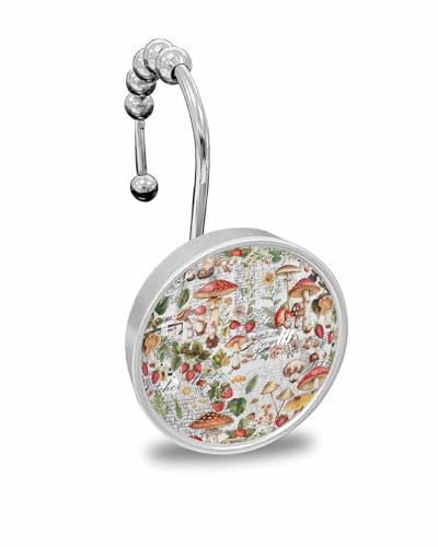 Shower Curtain Hooks Set of 12, Mushroom Spring Floral Summer Plant Leaves Crystal Glass Showers Curtains Rings, Bathroom Decorative Rod Stainless Steel Rust Proof Roller Hangers Hook