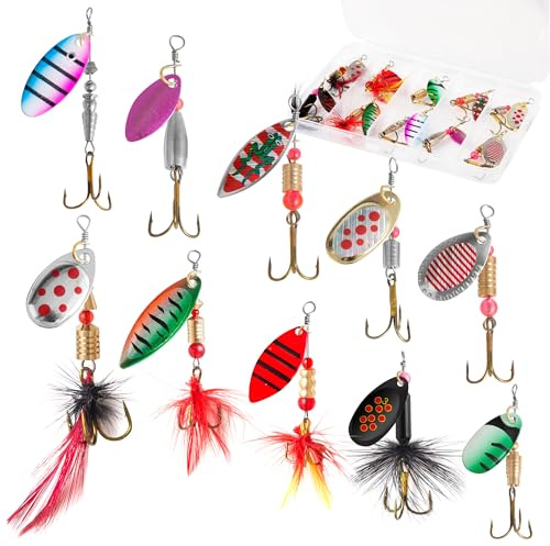 10PCS Spinner Baits with Tackle Box, Rooster Tail Fishing Lures with Flash Spoon, Trout Lures, Freshwater and Saltwater Spinnerbait for Trout Bass Walleye Crappie Salmon Pike, Swim or Jig