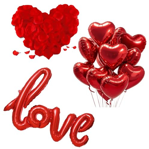 Palloncini in alluminio a forma di cuore (20 pezzi) + XXL Love Ballon + 1000 foglie di rosa artificiale, decorazione romantica per matrimoni, compleanni e San Valentino (rosso)