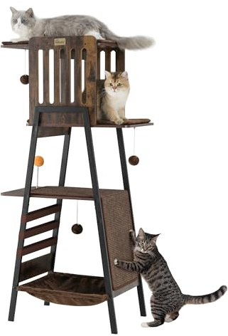 FourFurPets Modernt Kattträd, 147 cm katttorn för stora katter, Maine Coon Kattträd med klösbräda, stor plattform, hängmatta och avtagbara dynor, rustikt brunt