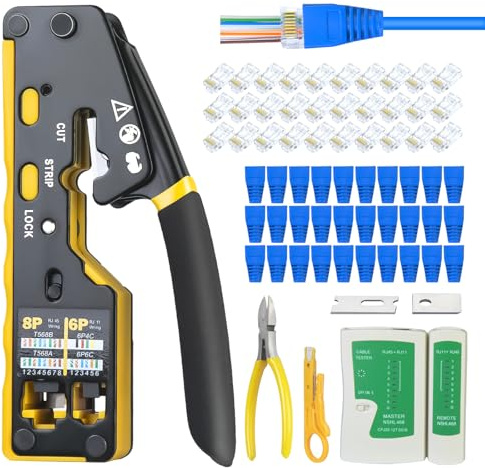 Anyongora Kit de herramientas de crimpado RJ45, crimpadora Ethernet para Cat5, Cat6, Cat7, herramienta de crimpado de cables de red todo en uno con probador de cables, pelacables, 30 conectores RJ45 y