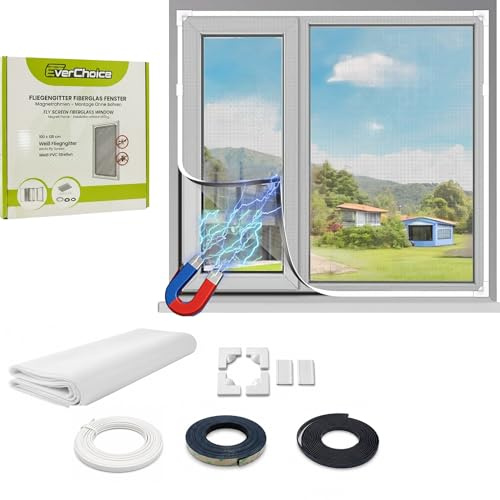 EverChoice Magnetisches Fliegengitter für Fenster | 100x120 cm | Weiß | Insektenschutzgitter Fenster ohne Bohren | Zuschneidbares Mückennetz mit Magnetrahmen | Fliegennetz