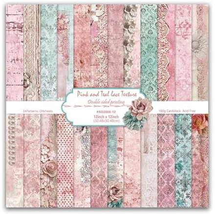 24 Sheets Scrapbook Paper - 12x12 Vintage Double-Sided Pattern Paper Set, Pink Scrapbooking Card Stock Pad, Decorative Papers for DIY Photo Album Crafts Junk Journal Art Background Card Making,160Gsm