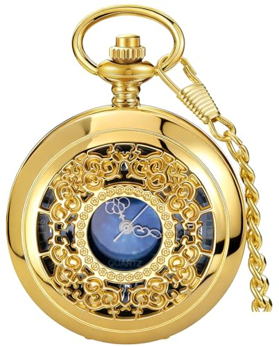 Tiong Gold Quartz Men's Pocket Watch Hollow Blue Star Steampunk Pocket Watches with Chain