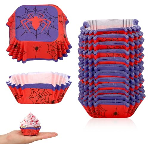 300stk Cupcake-Förmchen aus Papier mit Spinnennetz-Motiv, Blaue und Rote Cupcake-Förmchen mit Spinnenmotiv Partyzubehör Quadratische Backförmchen für Muffins Kuchen Desserts