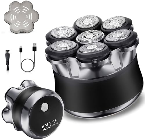 Bizcasa 7D Rasoir Tete Chauve Homme,Tête de coupe Flottante Magnétique,2 Modes de Vitesse,Rasoir Électrique Humide avec Écran LED,Sec étanche IPX7 Étanche,Chargement USB-C,120 mins d'autonomie Rasoir