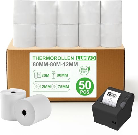 LUMIVO 50 Rollen Ec-Cash Thermorollen 80mm X 80m X 12mm, Bonrollen Thermo, Kassenrollen Thermopapier Für Alle Gängigen Thermopapier Kassen-Bondrucker, Für Kassensysteme, BPA Frei