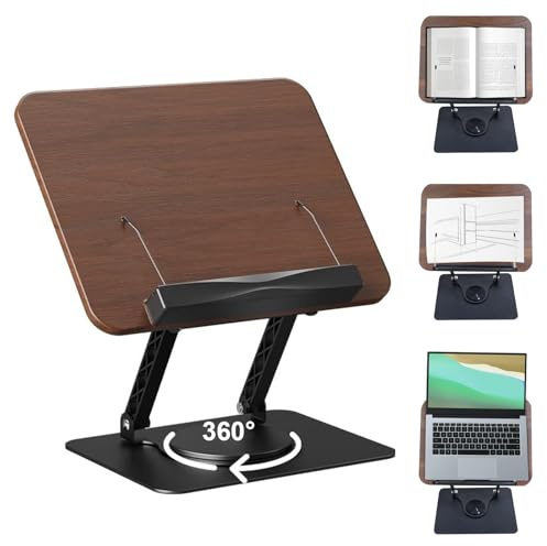 KINDLUME Atril para Libros, Soporte para Libros, Atril Estudio, Atril Libros, Soporte de Lectura de Madera Ajustable y Giratorio 360°, Plegable y Estable, para Libros de Cocina, Revistas, Cuadernos