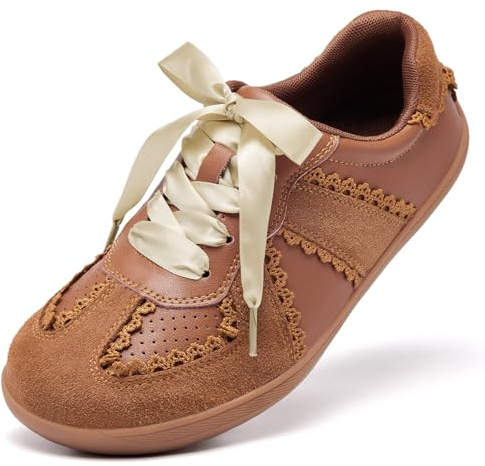 Barefoot Shoes Womens Trainers Wide Fit Lace Detail Casual Sneakers Elegant Ribbon Lace-Up Ladies Walking Running Shoes with Memory Foam Arch Support Non Slip Brown UK 5