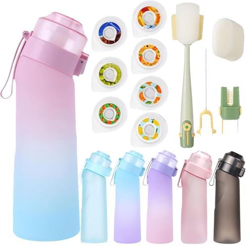 Générique Gourde Sport,650ml Étanches Gourde Paille,Équipé de avec dosettes en 7 saveurs et brosse de nettoyage,Pods parfumés pour eau aromatique 0 sucre (Bleu Dégradé)