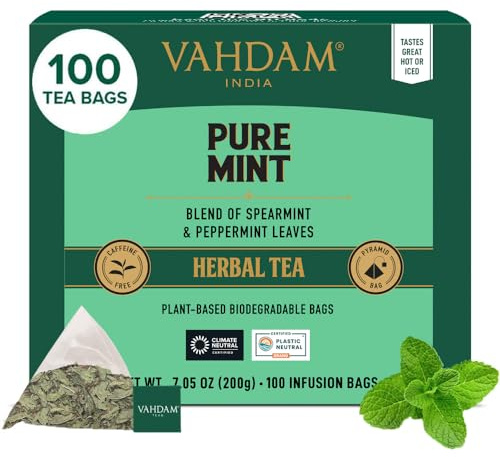 VAHDAM, Infusión de Menta Piperita (100 Piramidales Bolsitas De Té) Sin Cafeína, Ingredientes 100% Naturales – Menta Piperita, Hierbabuena | Bolsitas De Té De Menta | Tisana Herbal
