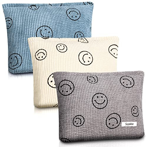 3er-Pack Cord-Kosmetiktasche, Smile Face Kosmetiktasche Ästhetische Preppy Kosmetiktasche Smile Makeup Organizer Organizer Kosmetiktasche Federmäppchen Tasche Mädchen Reise (Blau, Grau, Beige)