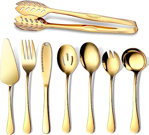 OGORI Gold Cutlery Serving Set 8 Pieces, Stainless Steel Flatware Silverware Includes Serving Spoon, Soup Spoon, Cake Server, Fork, Salad Fork, Butter Knife