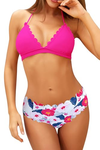 SHEKINI Bikini da donna a triangolo, set da bagno ondulato, con motivo floreale, costume da bagno estivo, in due pezzi, per donne con allacciatura al collo, con lacci, Rosa fluorescente, L